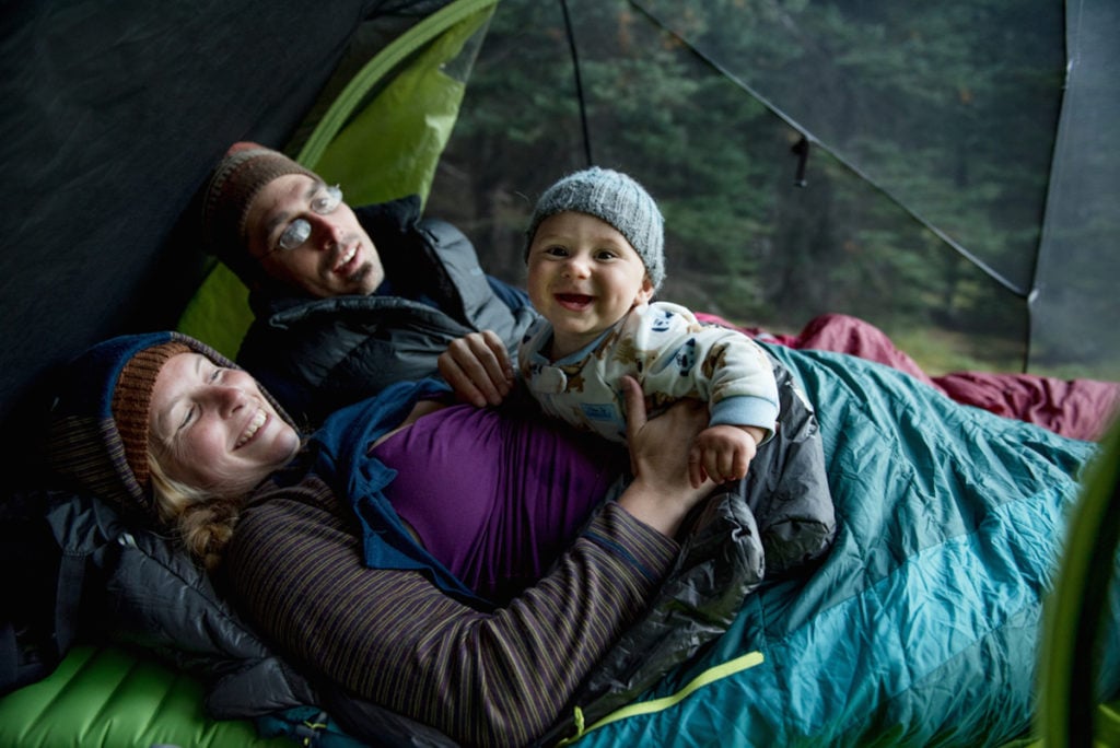 happy baby in camping tent