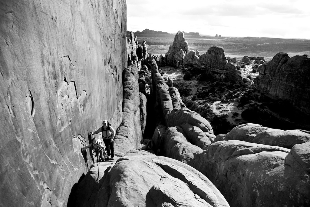 Exploring the Fiery Furnace in the backcountry of Arches National Park.