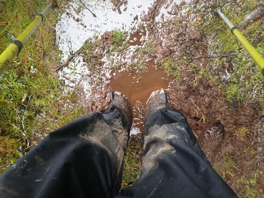 backpacking in the rain and mud