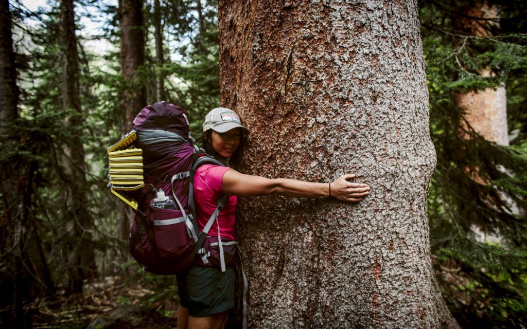 woman hugging tree