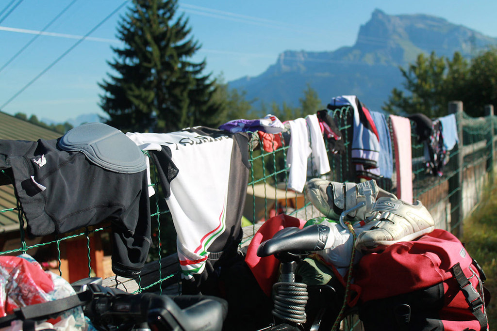 airing out clothes on bike tour