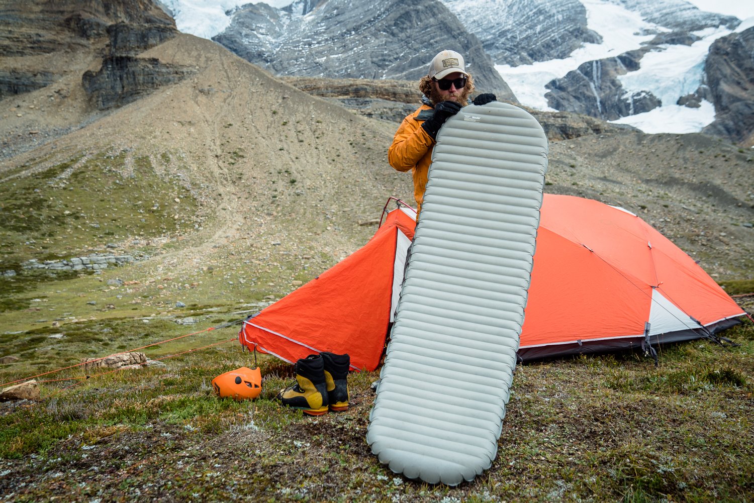 Climbers set up camp on Mount Robson
