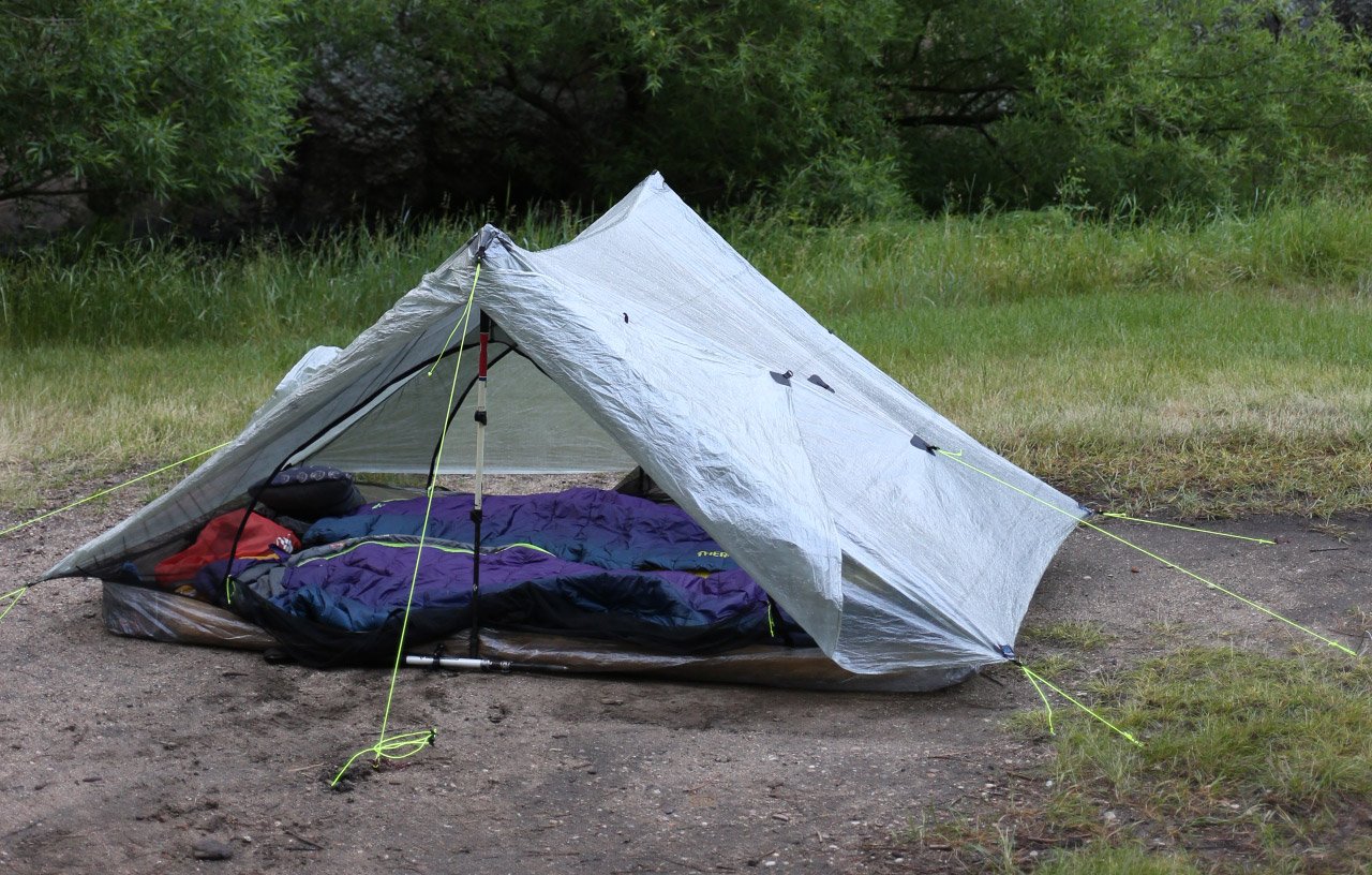 tent setup with Thermarest Space Cowboy sleeping bags