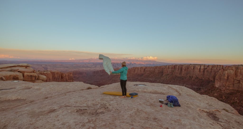 camping in the desert with camping quilt and sleeping pad