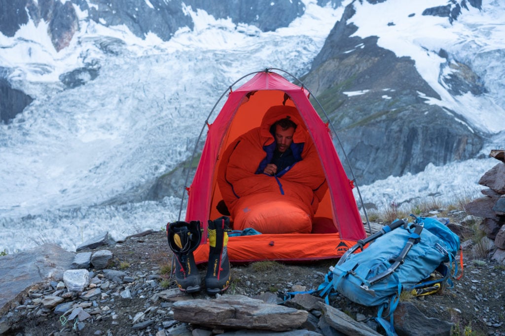 Polar Ranger sleeping bag being used at basecamp in the Himalayas.