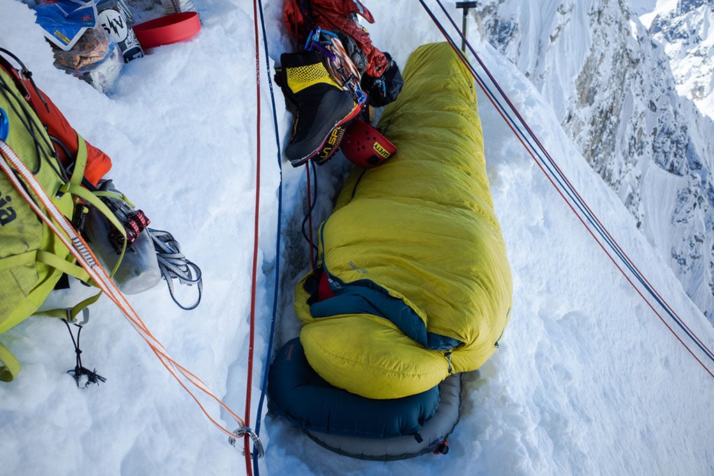 cold weather sleep system on mountain ledge