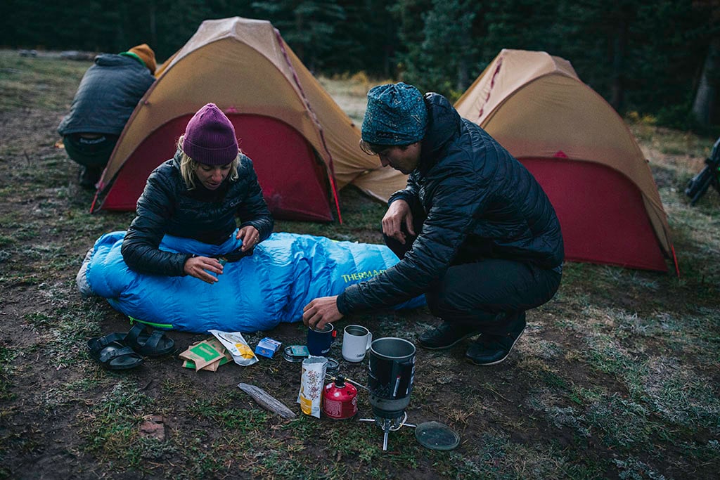setting up camp with bikepacking gear