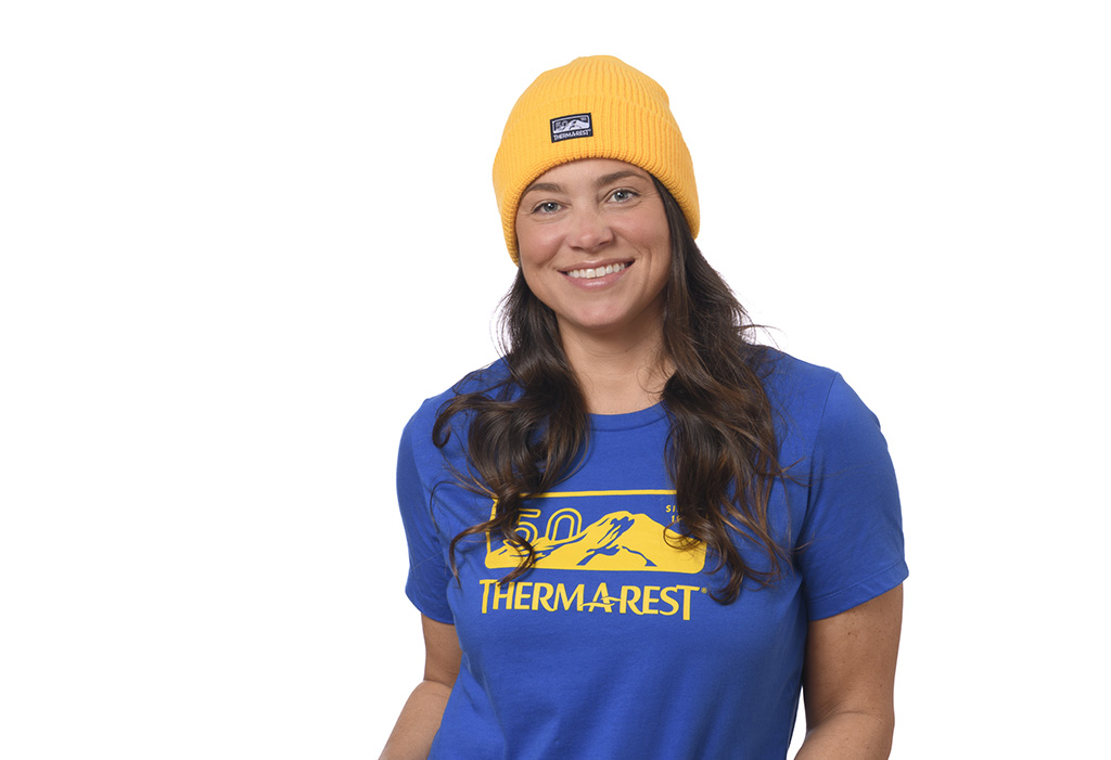 wearing Therm-a-Rest 50th beanie