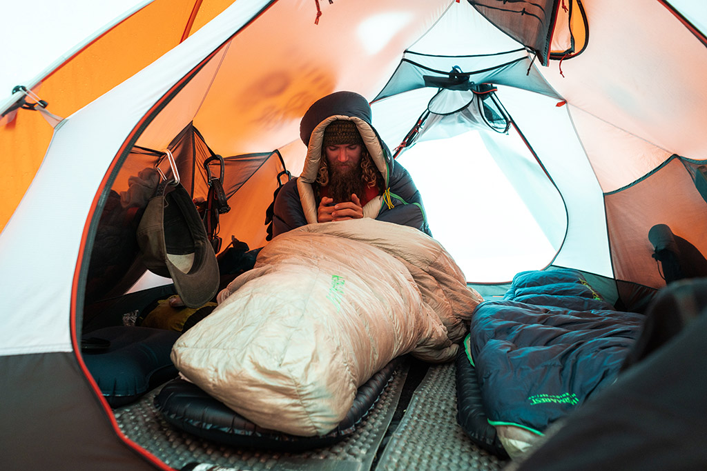 staying cozy in tent